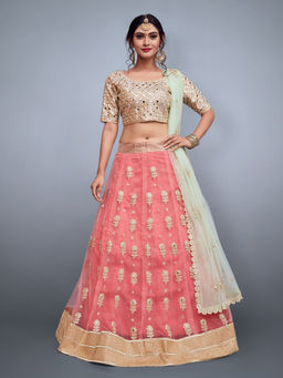Odette - Peach Embroidered Art Silk Semi Stitched Lehenga with Unstitched Blouse (Set of 3)
