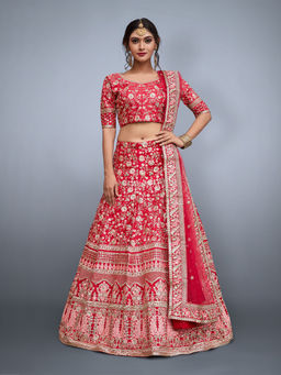 Odette - Red Embroidered Semi Stitched Lehenga with Unstitched Blouse (Set of 3)
