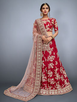 Odette - Red Embroidered Semi Stitched Lehenga with Unstitched Blouse (Set of 3)