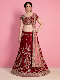 Odette - Red Embroidered Velvet Silk Semi Stitched Lehenga with Unstitched Blouse (Set of 3)