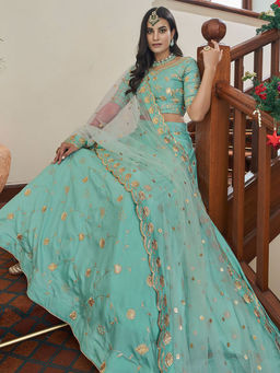 Odette - Sea Green Flared Embroidered Semi Stitched Lehenga with Unstitched Blouse (Set of 3)