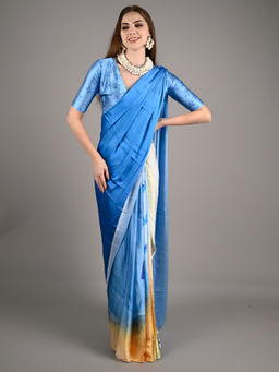 Odette - Yellow and Blue Satin Crepe Printed Saree with Unstitched Blouse
