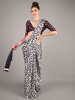 Odette - White Satin Crepe Printed Saree with Unstitched Blouse