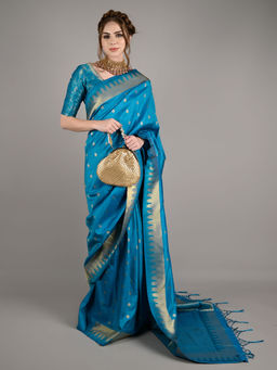 Odette - Blue Silk Woven Saree with Unstitched Blouse