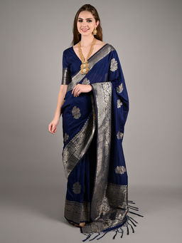 Odette - Dark Blue Nylon Woven Saree with Unstitched Blouse