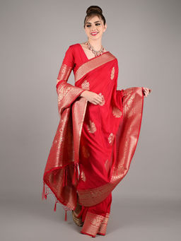 Odette - Red Nylon Woven Saree with Unstitched Blouse