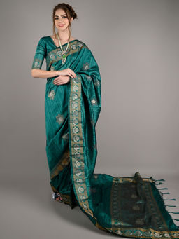Odette - Green Silk Blend Woven Saree with Unstitched Blouse