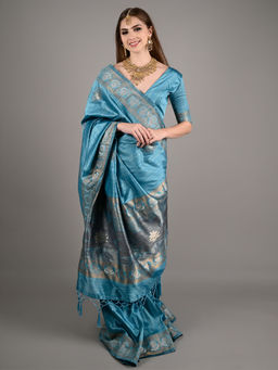 Odette - Blue Silk Blend Woven Saree with Unstitched Blouse