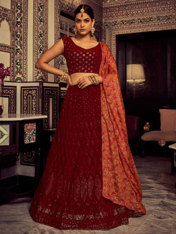 Odette - Stylish Maroon Embroidered Georgette Semi Stitched Lehenga with Blouse Piece (Set of 3)