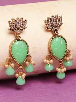 OOMPH - Jewellery Antique Gold Tone Mint Green Stones Lotus Design Ethnic Drop Earrings