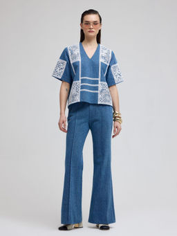 ZABELLA - Blue Victoria Denim And Lace Top With Pant (Set of 2)