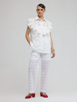 ZABELLA - White Tuscany Shaffle Shirt With Pant (Set of 2)