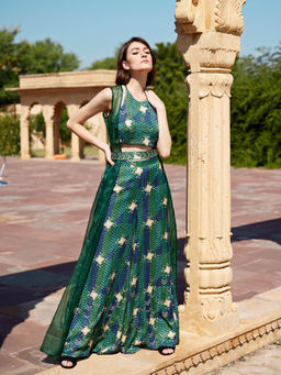 Amrood - Green Crop Top with Flared Pant and Jacket and Belt (Set of 4)