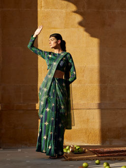 Amrood - Green Pre-Draped Saree with Stitched Blouse