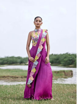 Amrood - Pink Pant with Attached Draped and Crop Top (Set of 2)