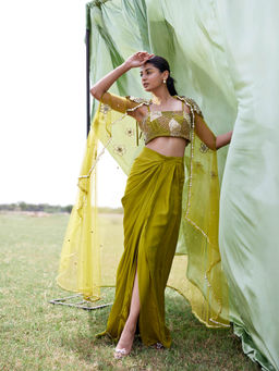 Amrood - Green Crop Top with Skirt and Cape (Set of 3)