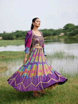 Amrood - Purple Crop Top with Lehenga and Jacket (Set of 3)