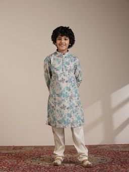 Manyavar - Boys Aqua Green Blended Linen Digital Print Kurta Pyjama (Set of 2)