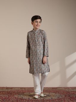 Manyavar - Boys Beige Blended Cotton Digital Print Kurta Pyjama (Set of 2)