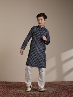 Manyavar - Boys Dark Blue Blended Cotton Digital Print Kurta Pyjama (Set of 2)