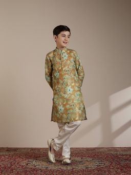 Manyavar - Boys Mustard Blended Viscose Digital Print Kurta Pyjama (Set of 2)