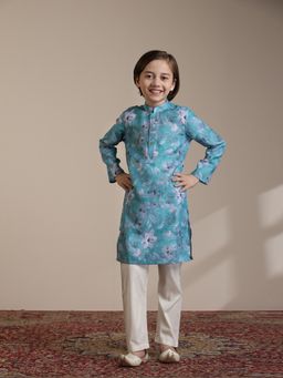 Manyavar - Boys Turquoise Blue Blended Viscose Digital Print Kurta Pyjama (Set of 2)