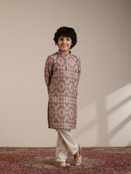 Manyavar - Boys Beige Blended Viscose Digital Print Kurta Pyjama (Set of 2)