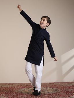 Manyavar - Boys Dark Blue Blended Cotton Thread Work Kurta Pyjama (Set of 2)