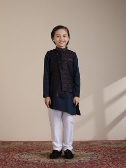 Manyavar - Boys Dark Blue Brocade Embroidery Zari Kurta Jacket Pyjama (Set of 4)