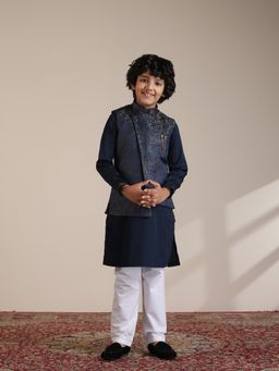 Manyavar - Boys Dark Blue Brocade Jacquard Kurta Jacket Pyjama (Set of 4)