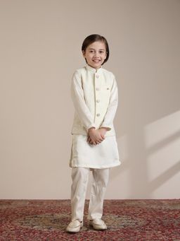 Manyavar - Boys Cream Georgette Chikankari Sequin Work Kurta Jacket Pyjama (Set of 4)