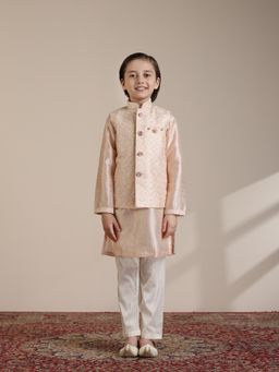 Manyavar - Boys Pink Art Silk Embroidery Mirror Work Kurta Jacket Pyjama (Set of 4)