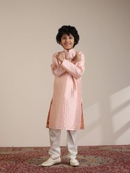 Manyavar - Boys Peach Art Silk Embroidery Sequin Work Kurta Pyjama (Set of 2)