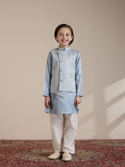 Manyavar - Boys Light Blue Blended Viscose Os-Jast Print Kurta Jacket Pyjama (Set of 3)