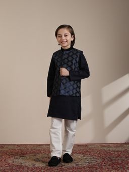 Manyavar - Boys Dark Blue Art Silk Print Self Design Kurta Jacket Pyjama (Set of 3)