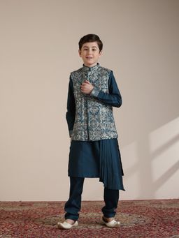 Manyavar - Boys Teal Blue Blended Viscose Embroidered Kurta Jacket Pyjama (Set of 3)