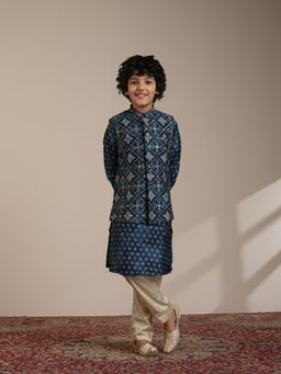 Manyavar - Boys Teal Blue Blended Viscose Foil Print Kurta Jacket Pyjama (Set of 4)