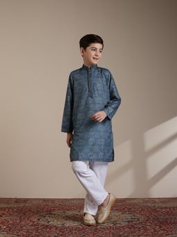 Manyavar - Boys Mid Blue Digital Print Embroidery Kurta Pyjama (Set of 2)
