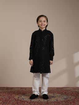 Manyavar - Boys Black Blended Viscose Chikankari Sequin Work Kurta Pyjama (Set of 2)