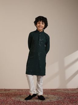 Manyavar - Boys Dark Green Blended Viscose Chikankari Sequin Kurta Pyjama (Set of 2)