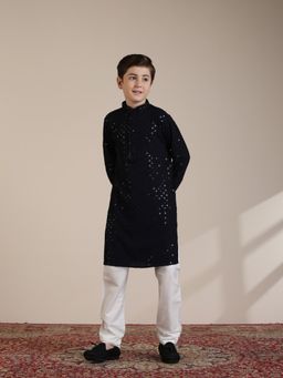 Manyavar - Boys Mid Blue Blended Viscose Chikankari Sequin Work Kurta Pyjama (Set of 2)