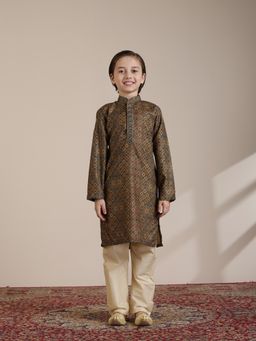 Manyavar - Boys Dark Green Digital Print Embroidery Kurta Pyjama (Set of 2)