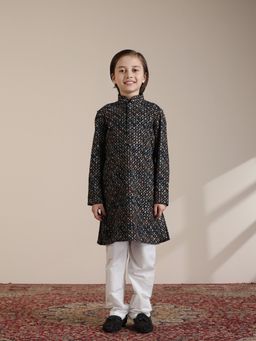 Manyavar - Boys Black Viscose Print Chikankari Kurta Pyjama (Set of 2)