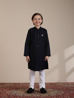 Manyavar - Boys Dark Blue Spandex Solid Kurta Trousers (Set of 2)