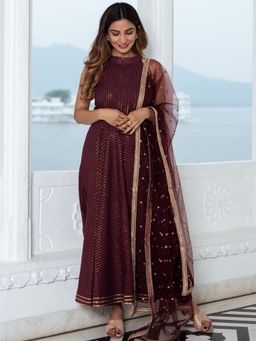 Lavanya The Label - Wine Cotton Lurex Long Kurta And Pant (Set of 3)