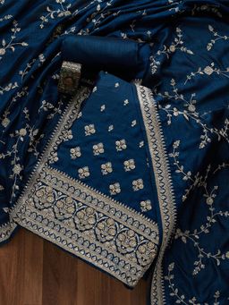 Koskii - Peacock Blue Zariwork Raw Silk Unstitched Salwar Suit (Set of Three)