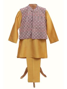 MiniMe Organics - Gold Kurta With Pyjama & Jacket (Set of 3)