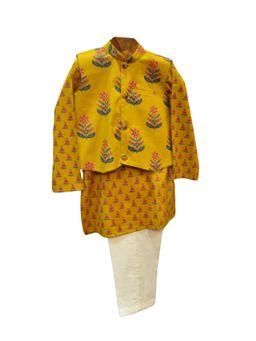 MiniMe Organics - Floral Yellow Kurta With Pyjama & Jacket (Set of 3)