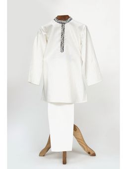 MiniMe Organics - White Embroidered Stripes Kurta with Pyjama (Set of 2)