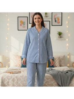 MASU - Women Blue Pure Cotton Classy Strips Print Shirt with Pyjama and Sleeve Bag